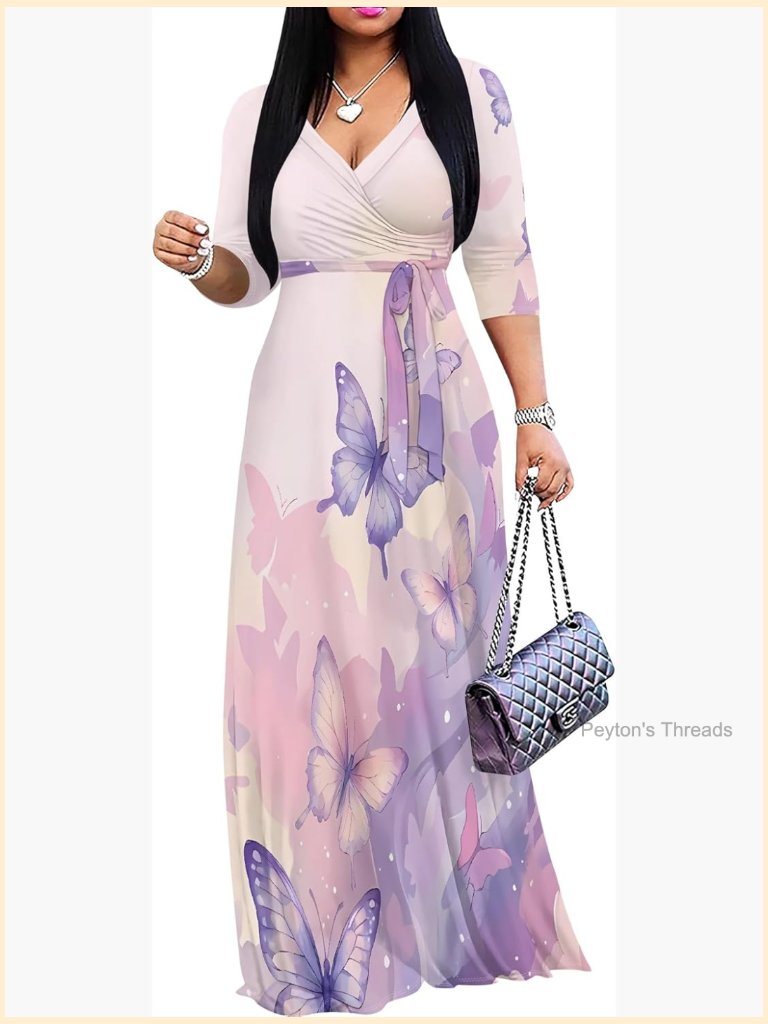 Plus Size Maxi Dress Wrap V-Neck 3/4 Sleeve Floral Semi Formal Church Wedding